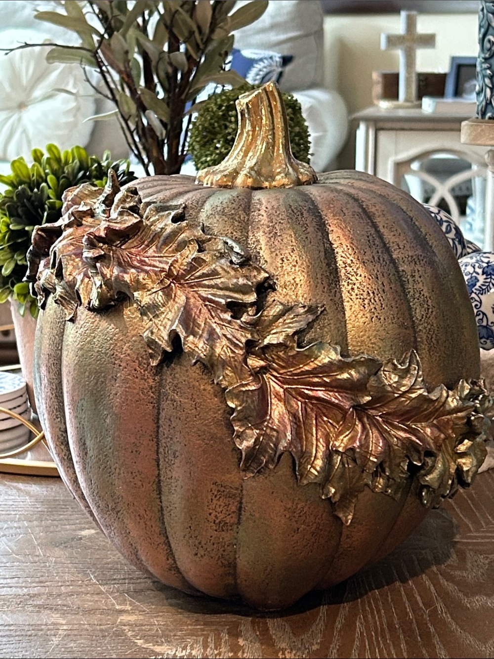 NEW Shabby Chic Vintage Inspired Autumn Leaf Metallic Gold & Bronze Pumpkin